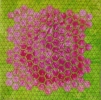 <h5>Helen Beaven - Mini Hexies</h5><p> My interpretation of modern hexies, using painted non-woven fabric that has been cut into mini hexagons then fused to a painted silk background.  Quilted in a grid pattern.                                                                                                                                                                                                                                                                                                                 </p>